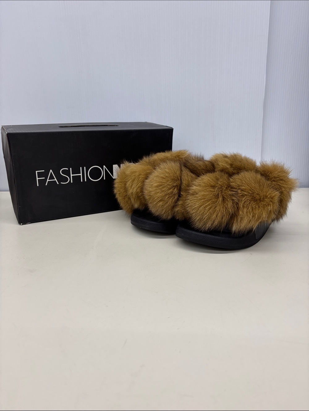 Fashion Nova Faux Fur Pom Slide Sandals - Tan